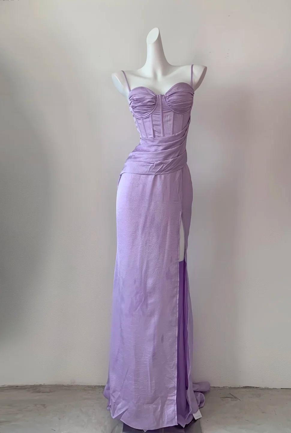 Elegant Purple Spaghetti Straps Sheath Satin Long Prom Dresses Formal Evening Gowns Short Ball Gowns ED02664