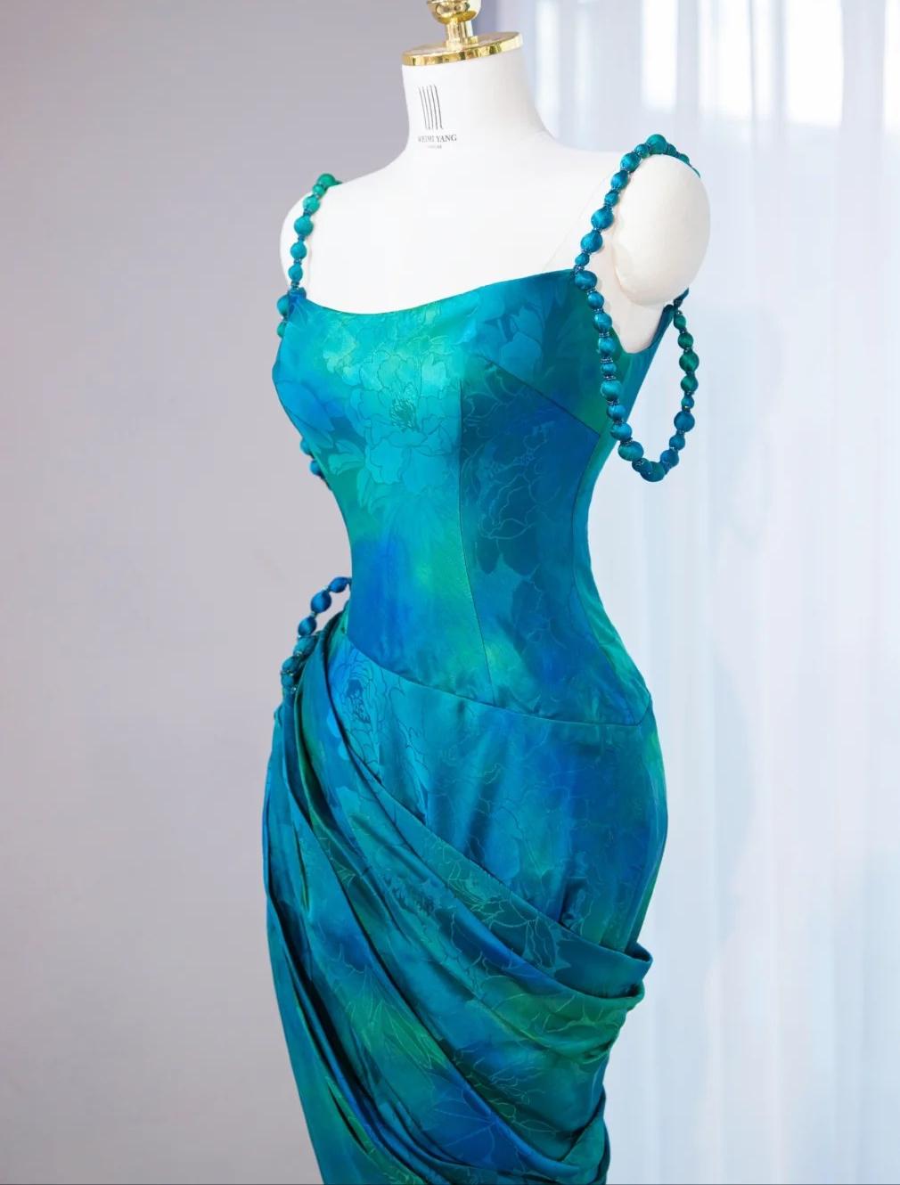 Stunning Turquoise Scoop Mermaid Jacquard Satin Long Prom Dresses Elegant Formal Evening Gowns ED02665