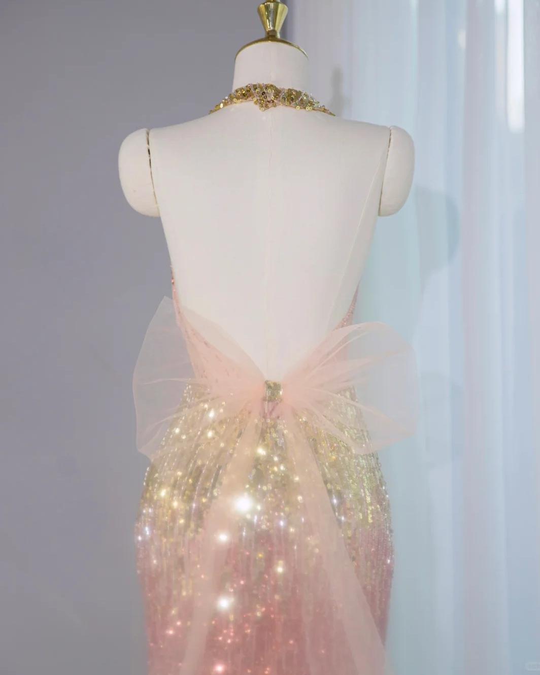 Gorgeous Ombre Peach Tulle V-Neck Mermaid Gold Sequins Long Prom Dresses Glam Formal Evening Dress ED02670