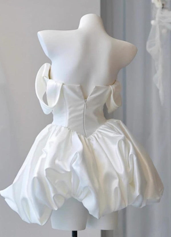 Simple White Off-the-shoulder A-Line Satin Short Prom Dresses Homecoming Dress with Pearls ED02671