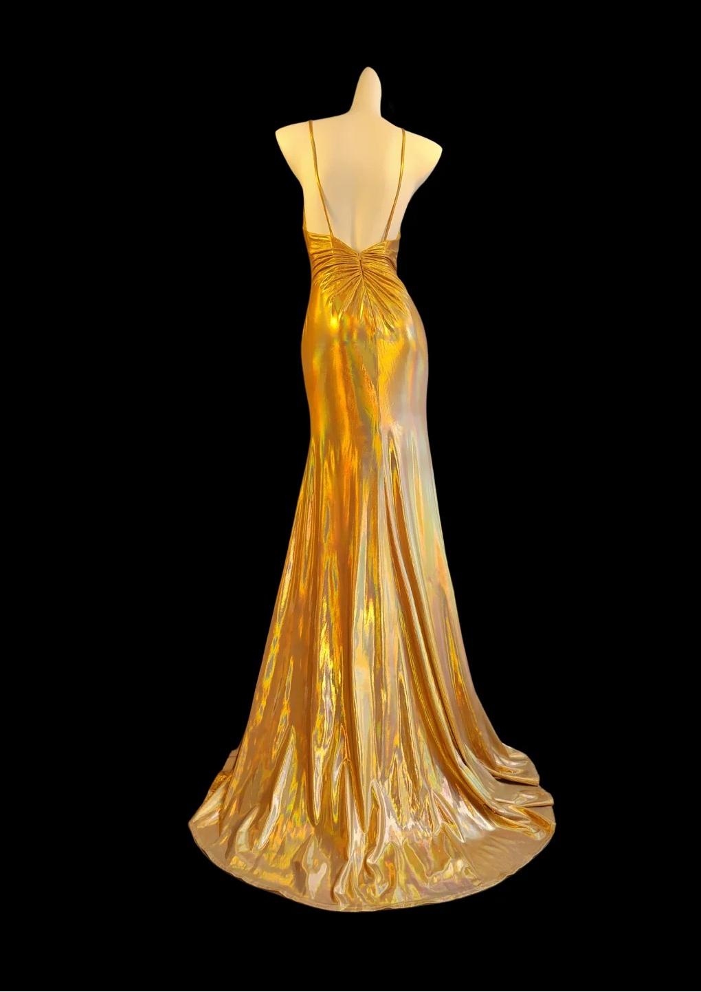 Gorgeous Gold Spaghetti Straps Mermaid Satin Long Prom Dresses Backless Evening Gowns With Slit ED02675