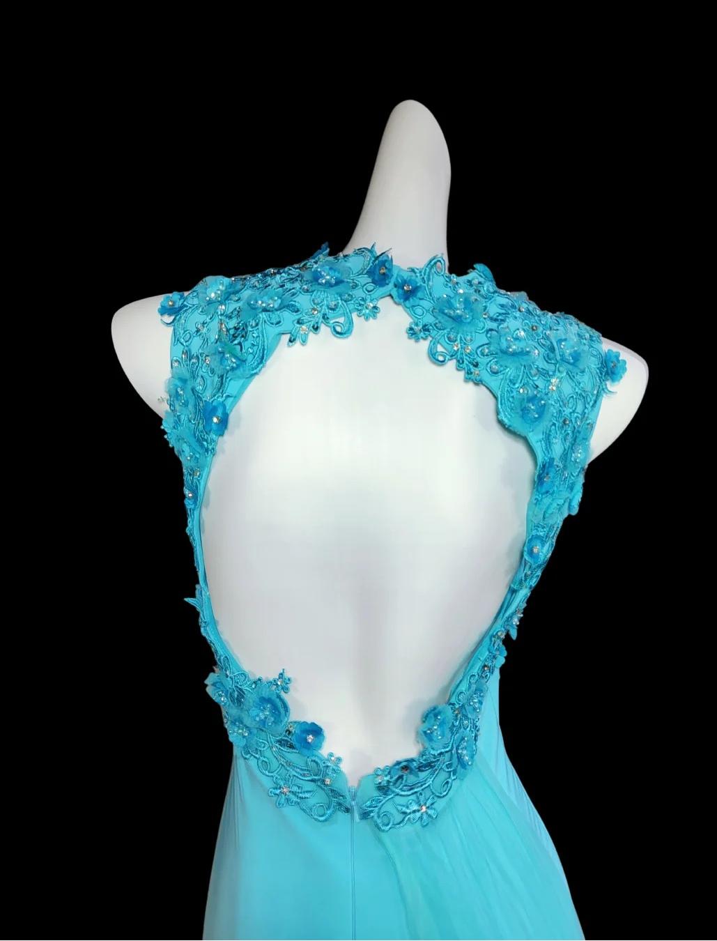 Glam Blue Halter Mermaid Chiffon Appliques Long Prom Dresses Formal Evening Gowns With Open Back ED02677