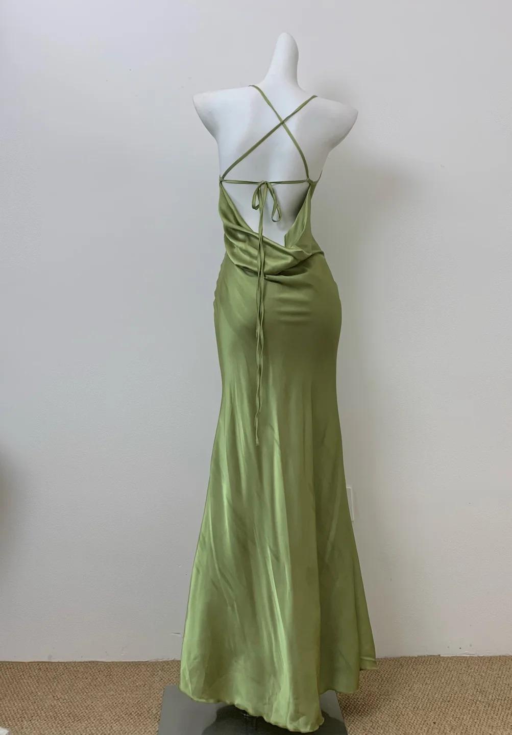 Glam Olive Green Spaghetti Straps Mermaid Satin Long Prom Dresses Formal Evening Gowns With Backless ED02682