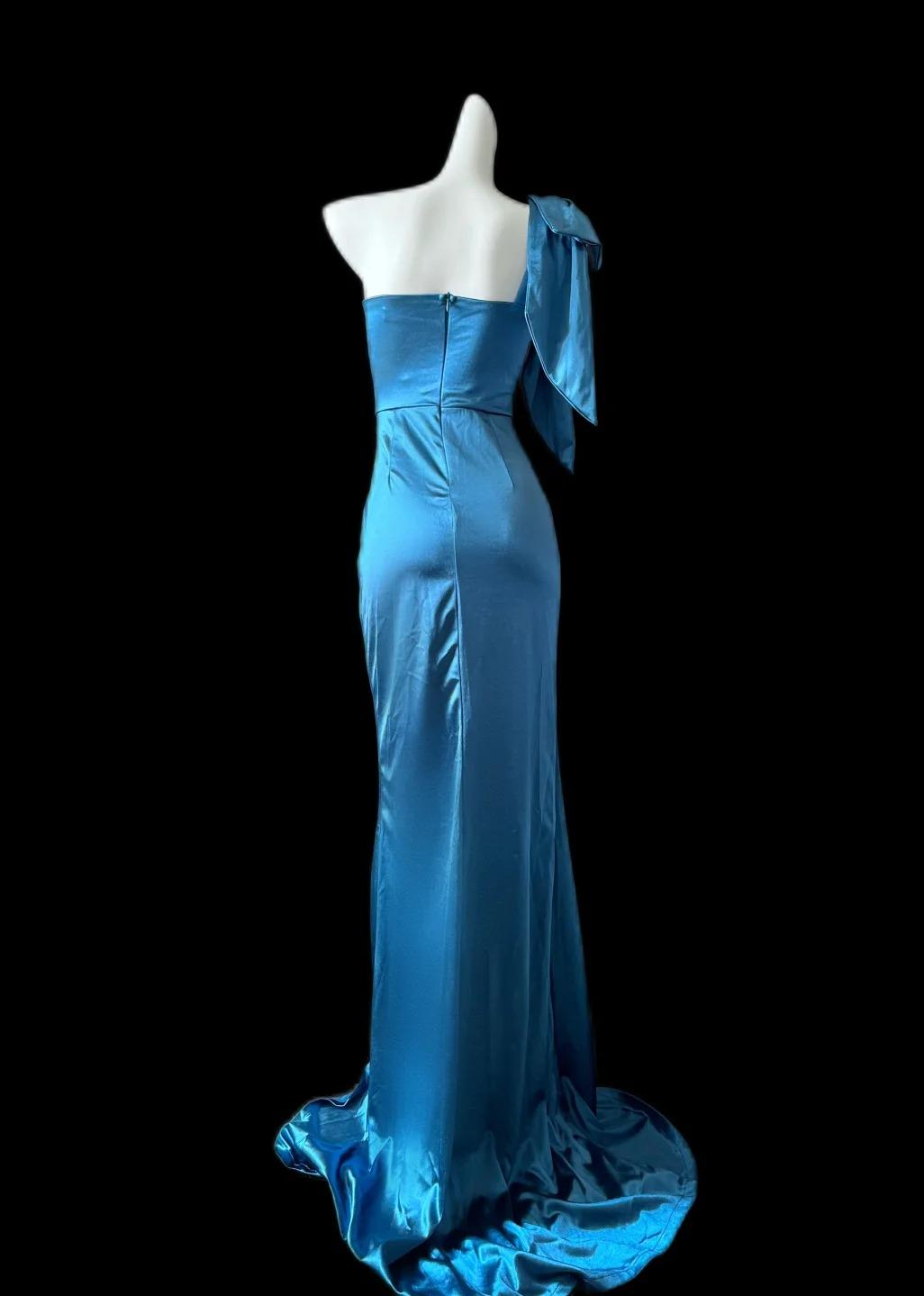 Stunning Blue One Shoulder Mermaid Satin Long Prom Dresses Formal Evening Gowns With Slits ED02684