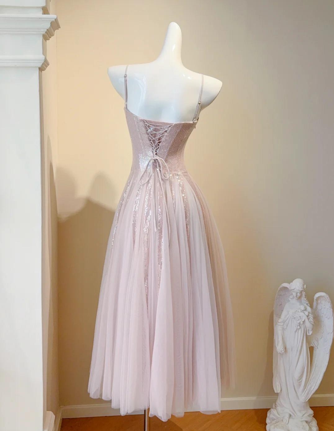 Sweet Blush Pink Spaghetti Straps A-Line Sequin Tulle Long Prom Dresses Birthday Evening Gowns ED02685
