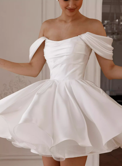 Elegant White Off-Shoulder A-Line Satin Short Party Dresses Homecoming Dress ED02693