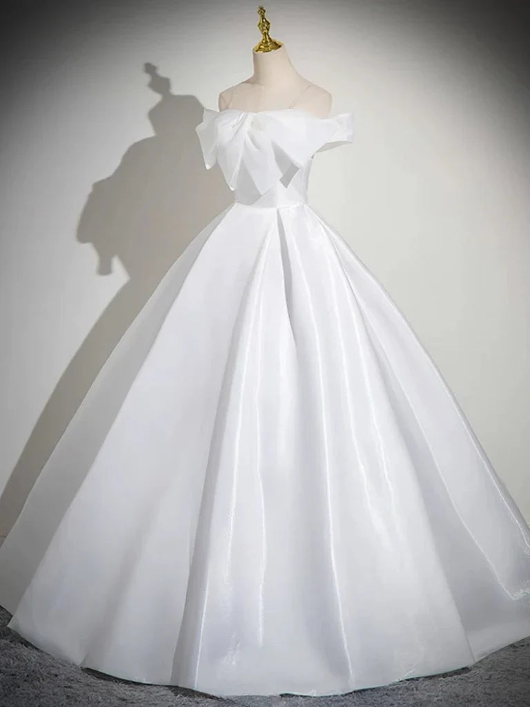 A-Line White Satin Long Prom Dress, White Long Formal Dress ED027