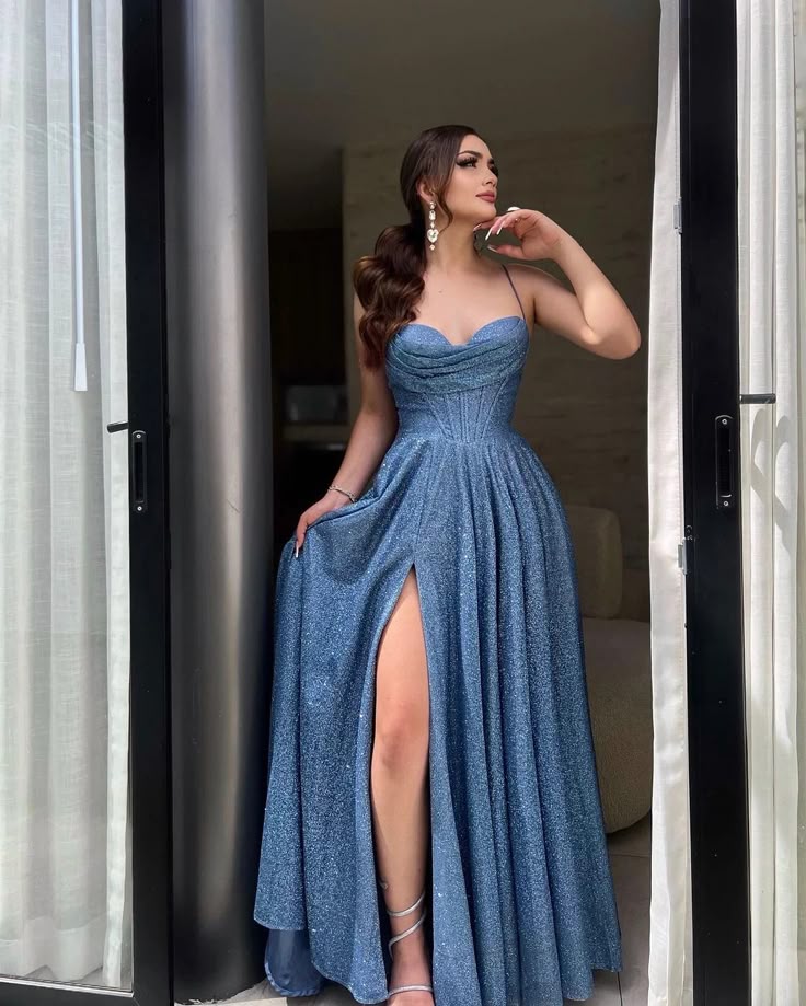 Elegant Navy Blue Sweetheart Neck A-Line Glitter Sequins Long Prom Dresses Evening Gowns with Open Back ED02703