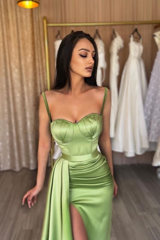 Glam Green Spaghetti Straps Mermaid Satin Short Long Prom Dresses Formal Evening Gowns with Slits ED02715