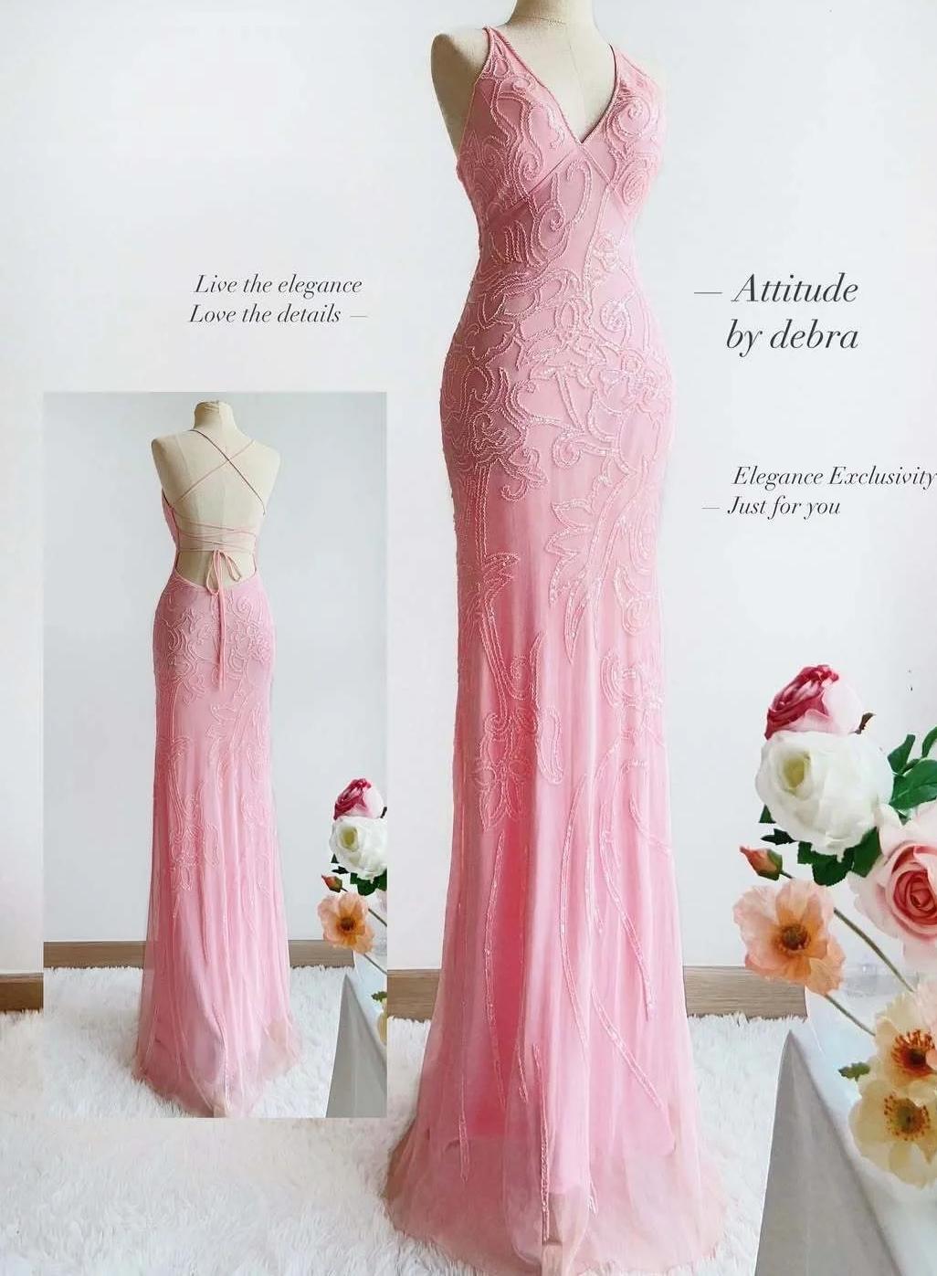 Elegant Pink V Neck Mermaid Chiffon Beading Long Prom Dresses Vintage Formal Evening Gowns ED02716
