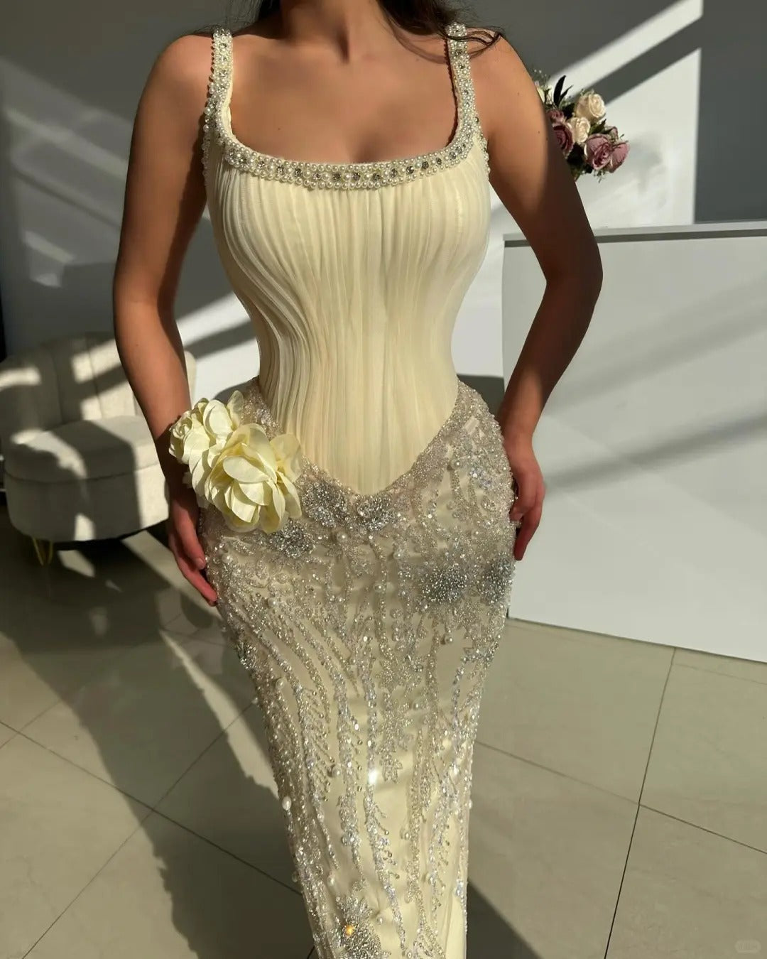 Fashion Butter Yellow Square Neck Sheath Chiffon Beaded Long Prom Dresses Formal Evening Gowns ED02718