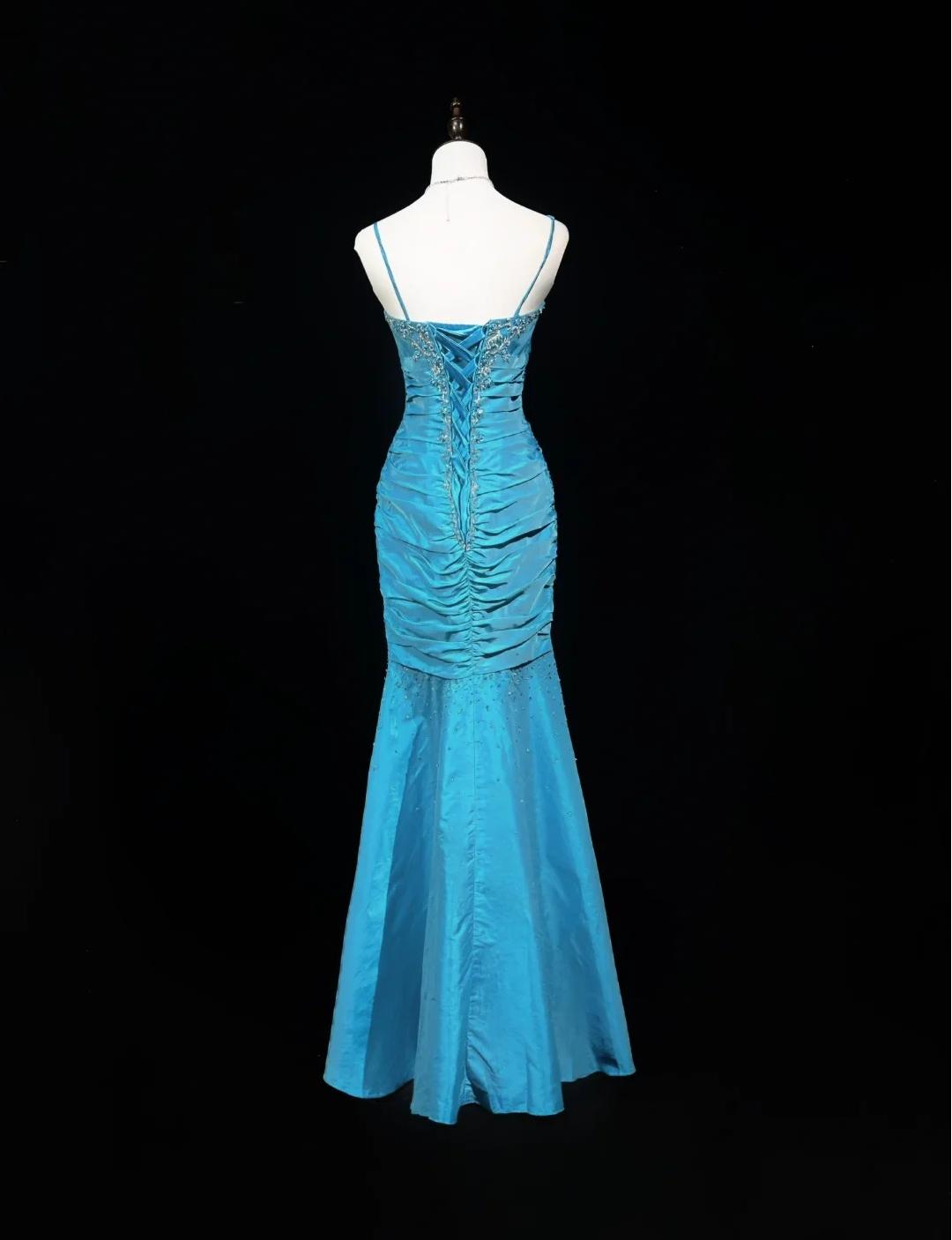 Gorgeous Blue Spaghetti Straps Mermaid Taffeta Long Prom Dresses Formal Evening Gowns with Beading ED02727