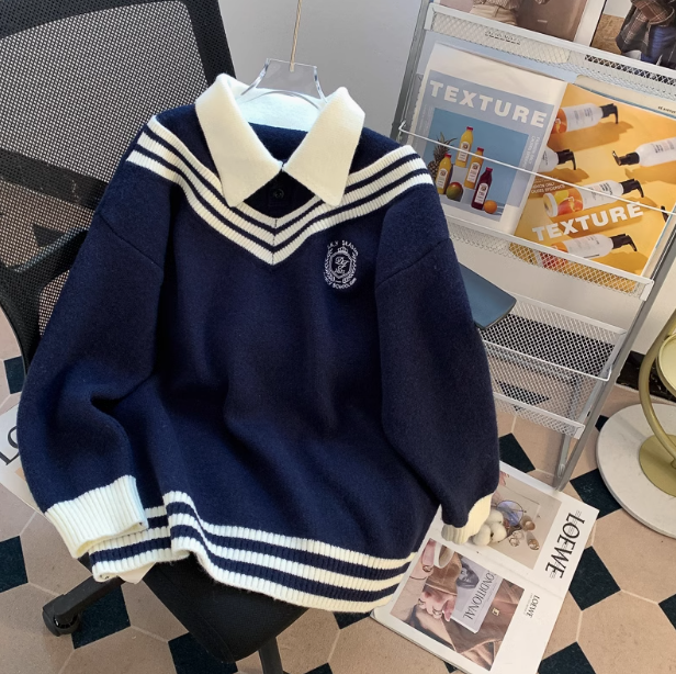 Preppy style fake two piece polo neck Women's long sleeve sweater ED0272