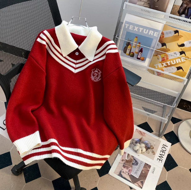 Preppy style fake two piece polo neck Women's long sleeve sweater ED0272