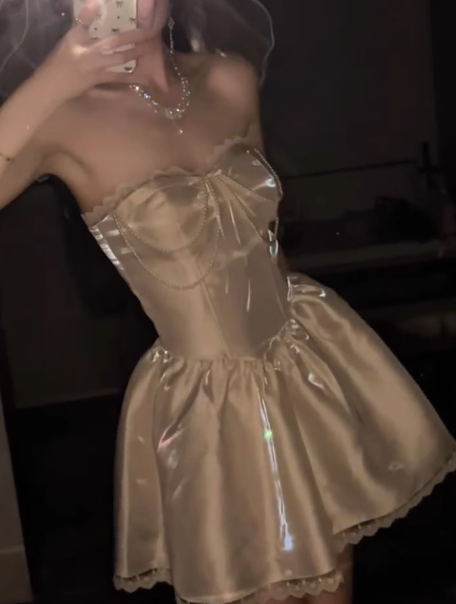 Gorgeous White Strapless A-Line Satin Short Prom Dresses Homecoming Dresses with Pearls ED02740