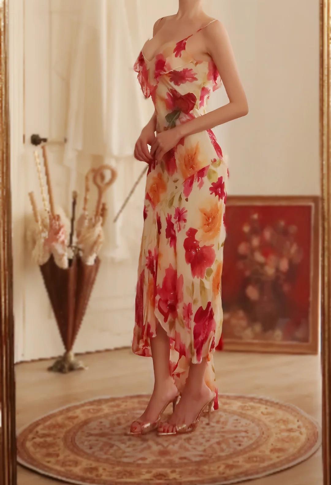 Stunning Spaghetti Straps Sheath Print Chiffon Prom Dresses Formal Evening Gowns ED02747