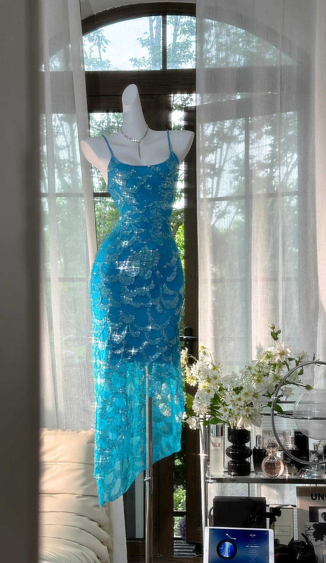 Gorgeous Blue Spaghetti Straps Sheath Chiffon Sequin Long Prom Dresses Elegant Formal Evening Gowns ED02757