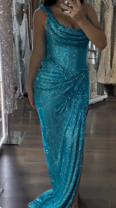 Elegant Turquoise Scoop Neck Sheath Sequin Long Prom Dresses Formal Evening Gowns with Slits ED02775