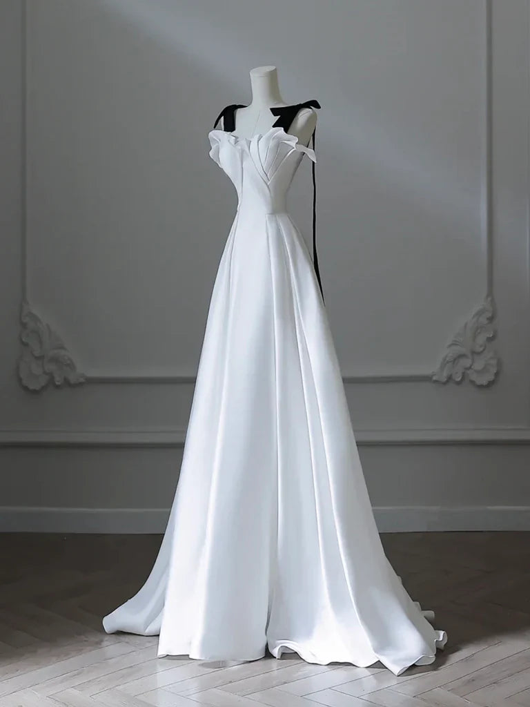 A-Line Satin White Long Prom Dress, White Long Formal Dress ED028