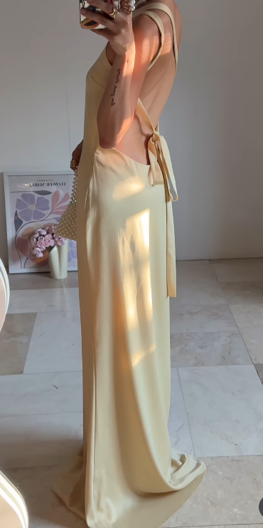 Fashion Butter Yellow One Shoulder Sheath Satin Long Prom Dresses Formal Evening Gowns ED02804