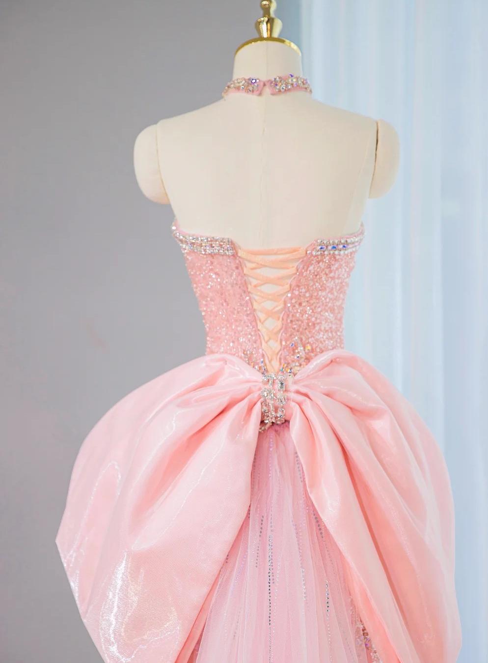 Sweet Pink Strapless Mermaid Tulle Beaded Long Prom Dresses Wedding Dress with Bow ED02805