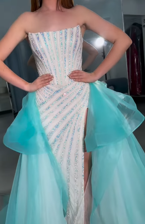Elegant White Strapless Sheath Tulle Train Prom Dresses Formal Evening Gowns with Sequins ED02815