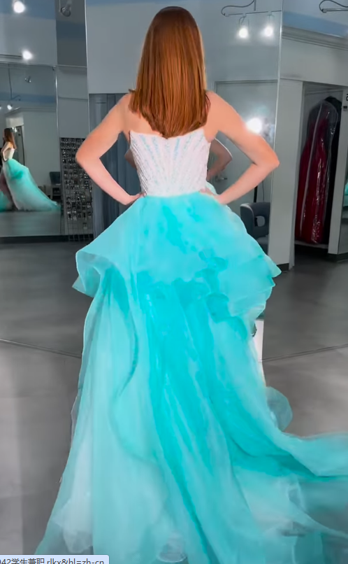 Elegant White Strapless Sheath Tulle Train Prom Dresses Formal Evening Gowns with Sequins ED02815