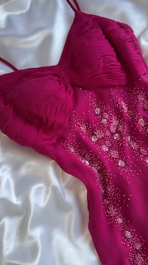 Elegant Fuchsia Spaghetti Straps Sheath Chiffon Beading Long Prom Dresses Vintage Evening Gowns ED02817