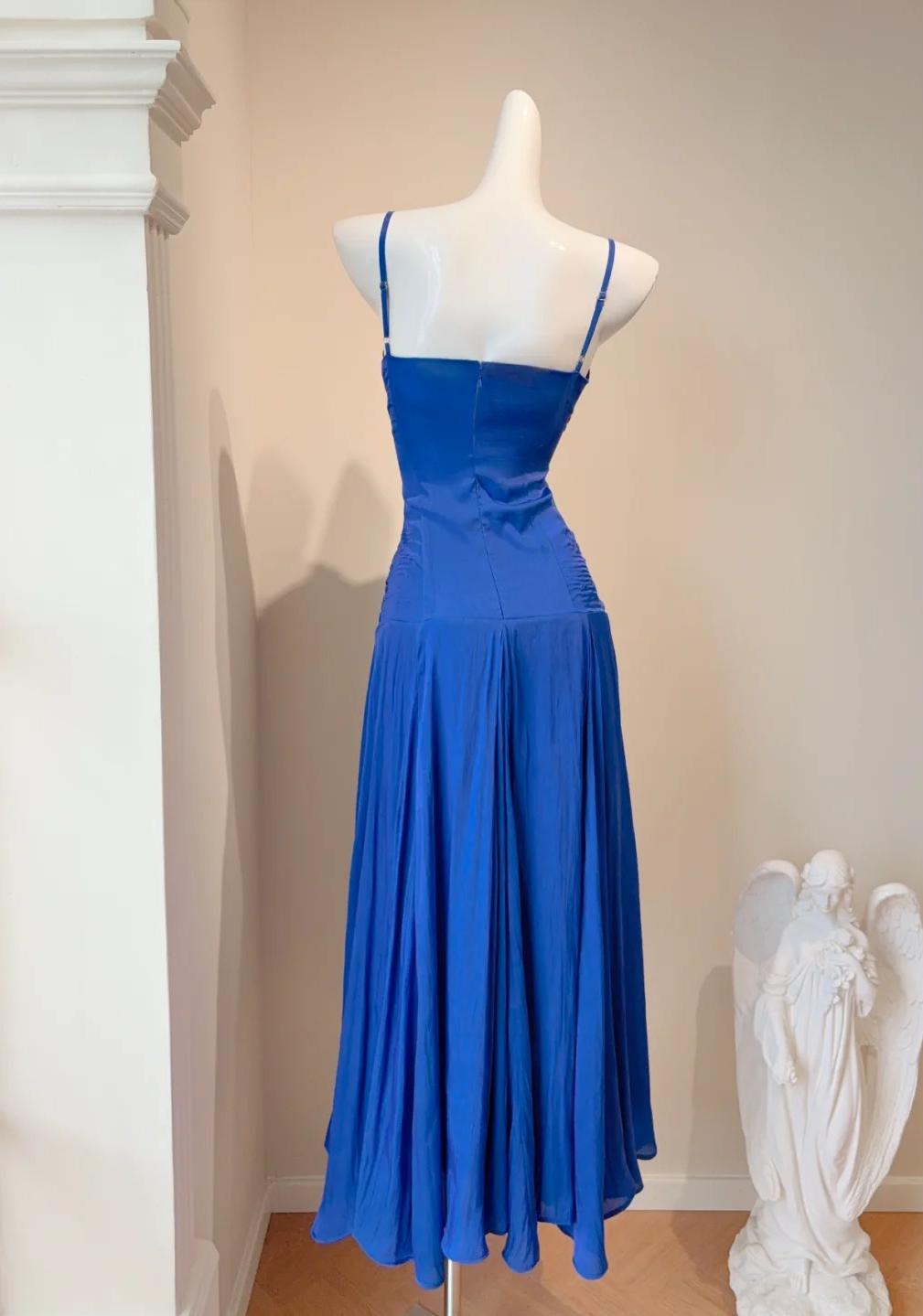 Sweet Royal Blue Spaghetti Straps Chiffon A-Line Chiffon Long Prom Dresses Party Dress ED02818