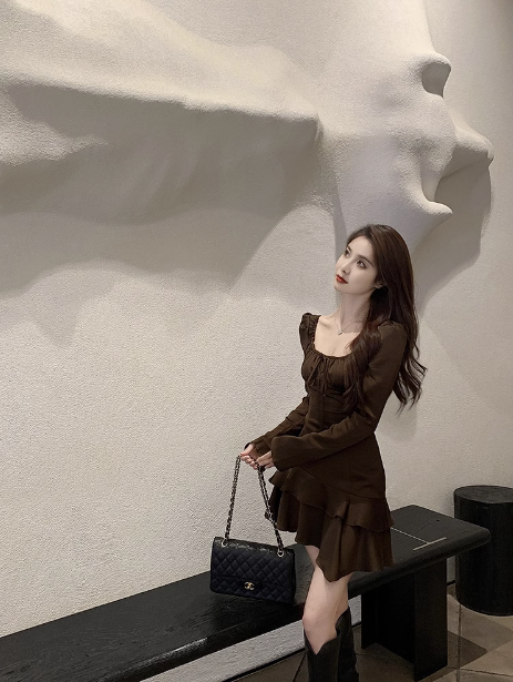 French Tea Break Square Neck Ruffled Skirt Dress ED0281