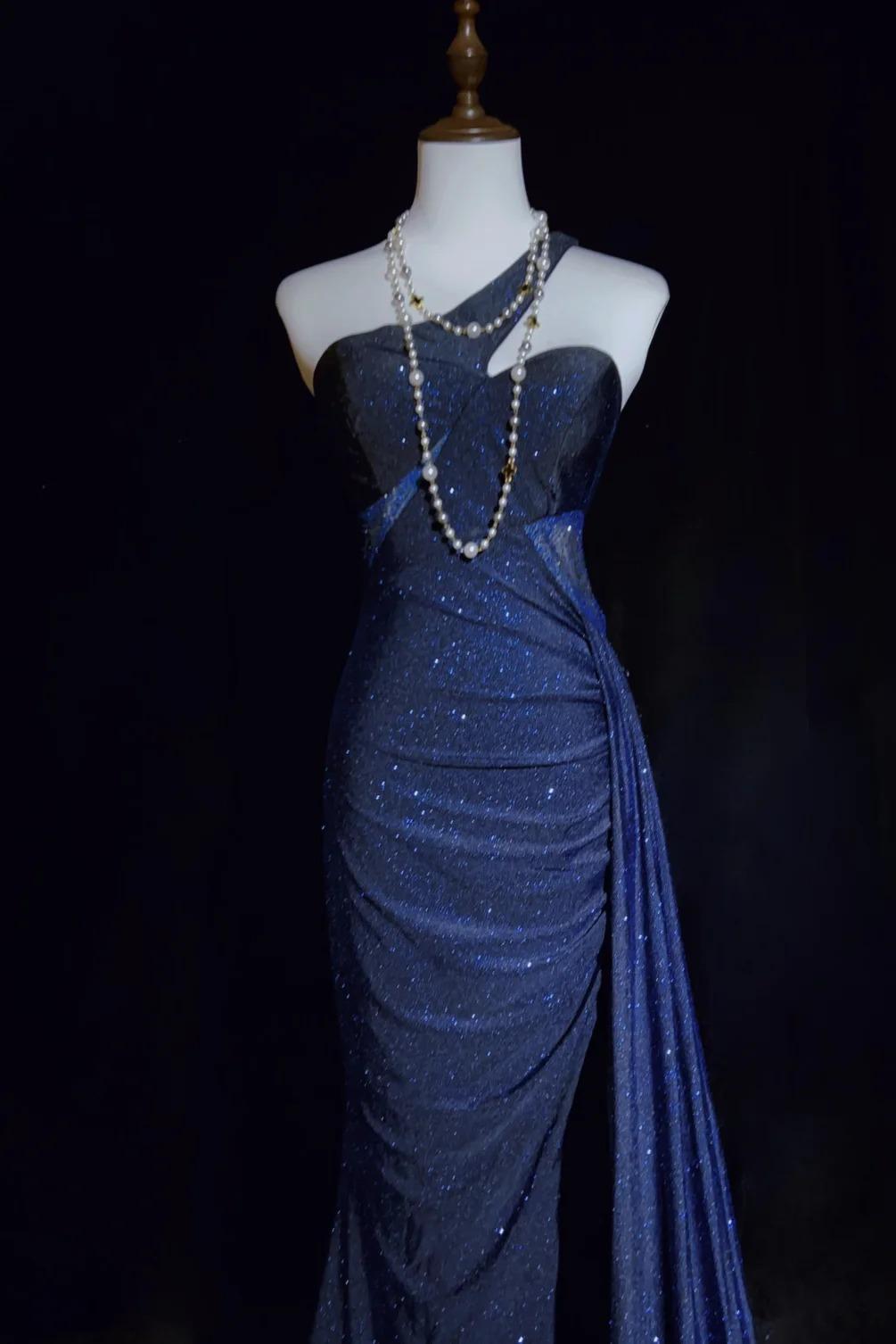 Gorgeous Navy Blue One Shoulder Mermaid Glitter Satin Long Prom Dresses Formal Evening Gowns with Open Back ED02823