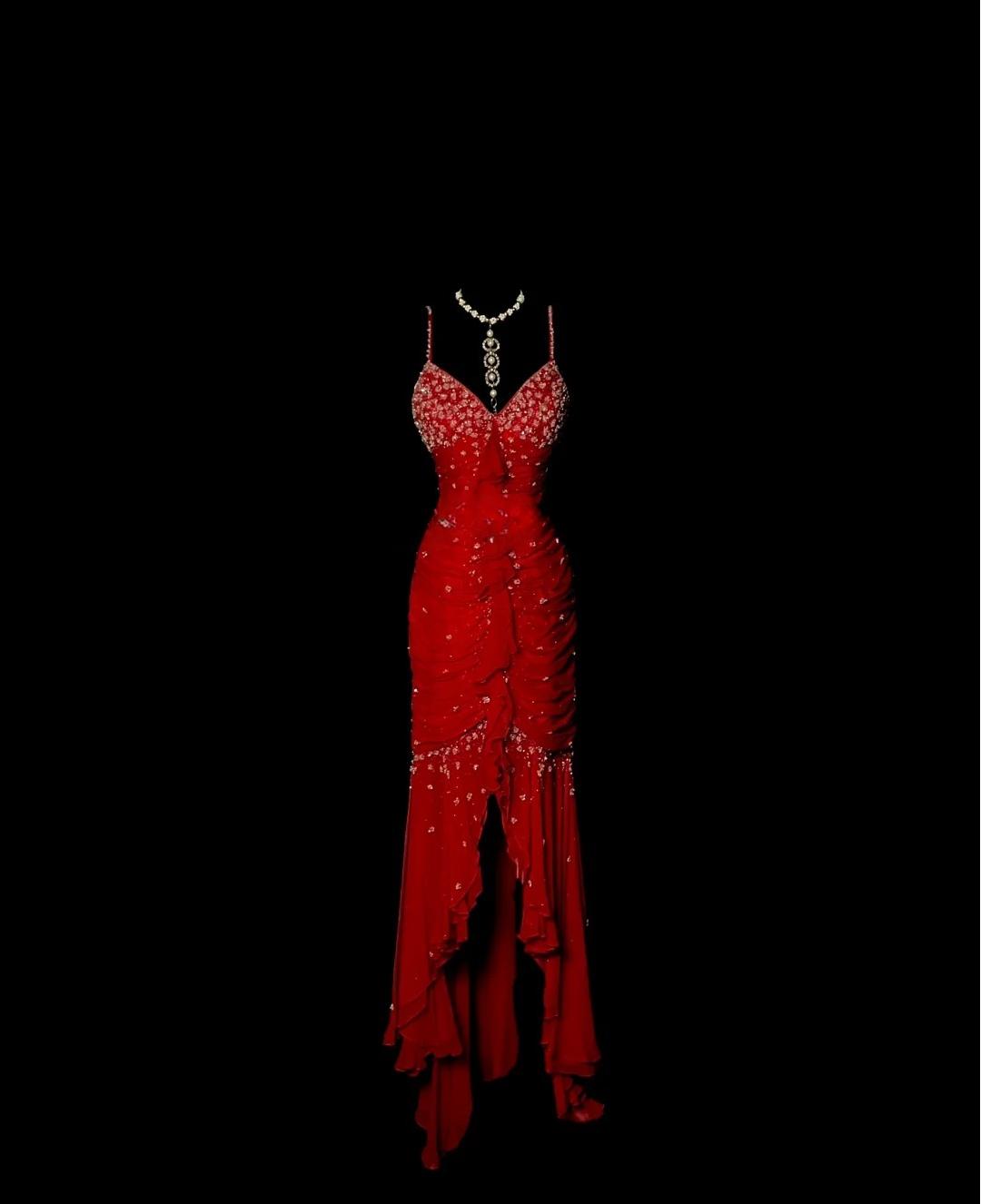 Stunning Red Spaghetti Straps Mermaid Chiffon Long Prom Dresses Vintage Evening Gowns with Beading ED02837