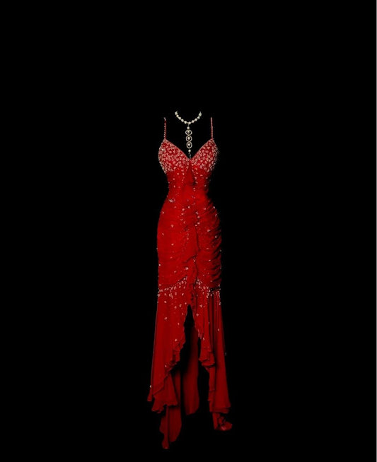 Stunning Red Spaghetti Straps Mermaid Chiffon Long Prom Dresses Vintage Evening Gowns with Beading ED02837