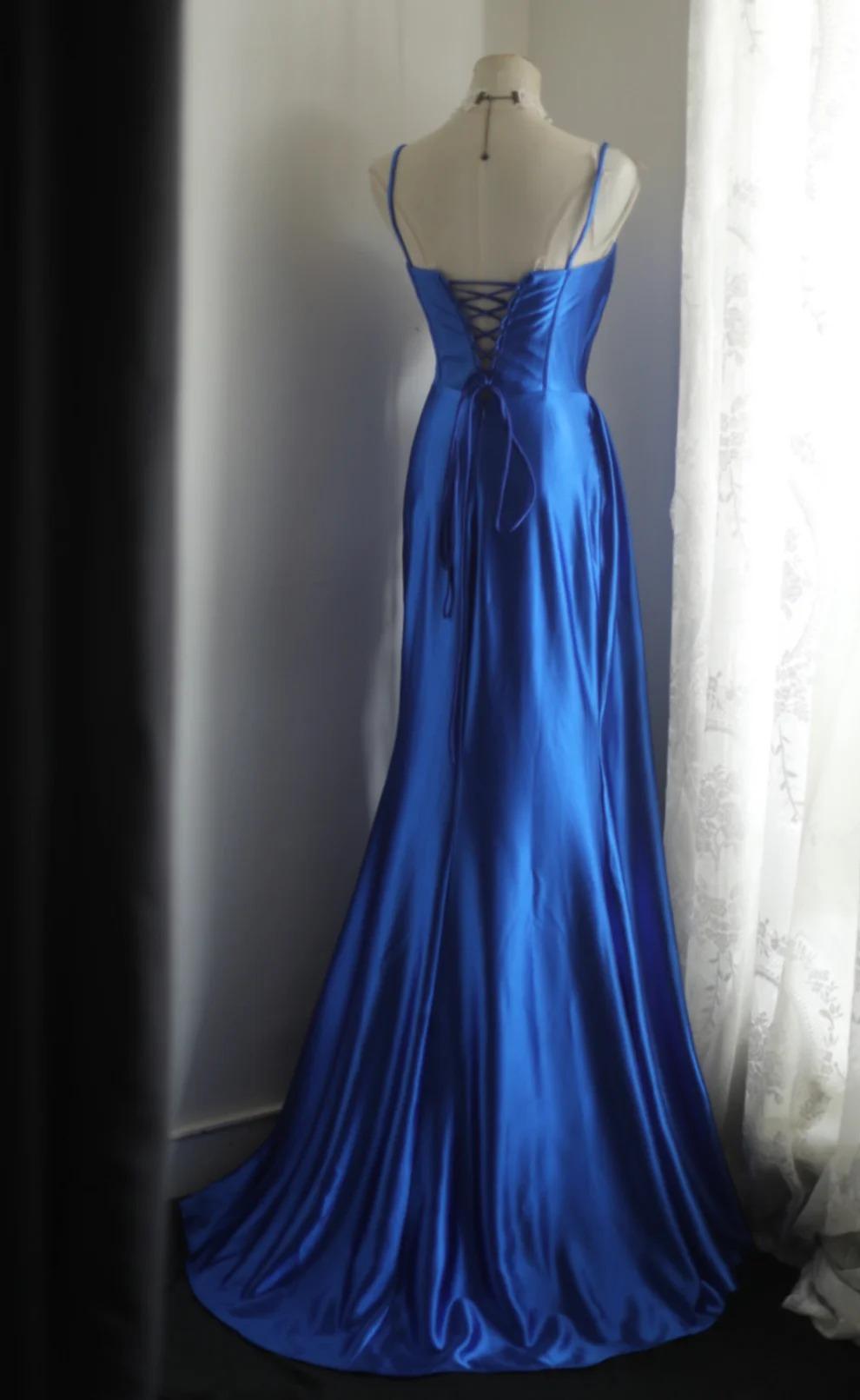 Elegant Blue Spaghetti Straps Mermaid Satin Long Prom Dresses Formal Evening Gowns ED02840