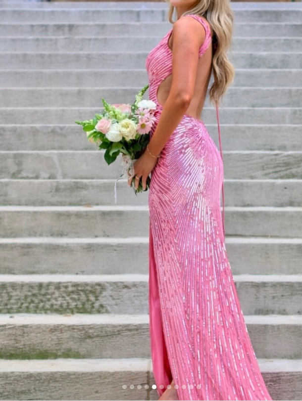 Elegant Blue V-neck Sheath Sequins Long Prom Dresses Formal Backless Evening Gowns with Slits ED02846