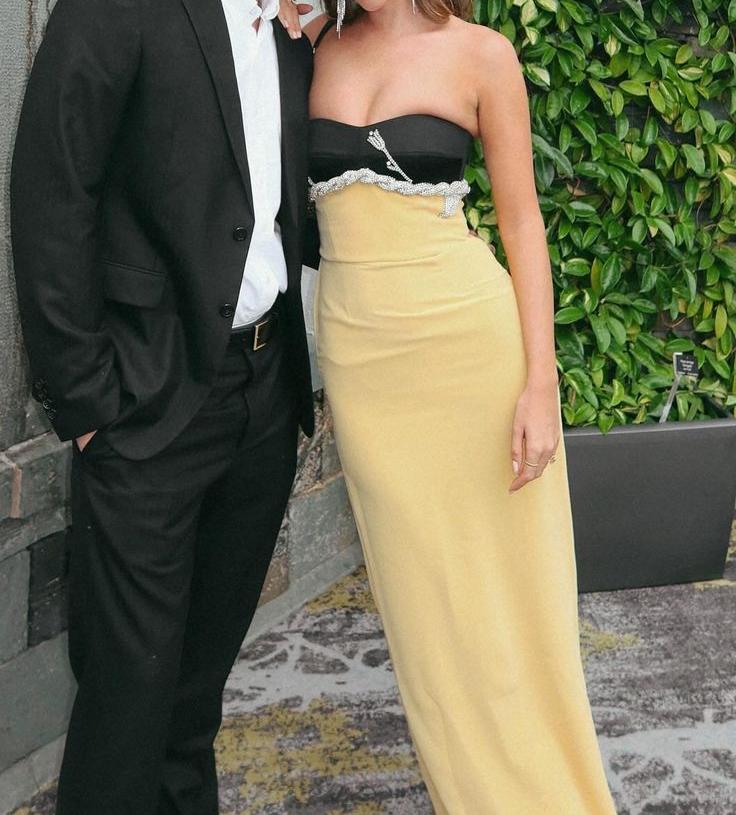Glam Yellow Strapless Sheath Satin Beaded Long Prom Dresses Formal Evening Gowns ED02847