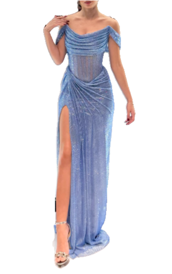 Gorgeous Grey Blue Off Shoulder Sheath Glitter Satin Long Prom Dresses Formal Evening Gowns with Slits ED02848