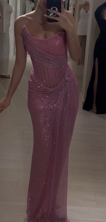 Stunning Pink Strapless Sheath Glitter Sequins Long Prom Dresses Formal Evening Gowns with Slits ED02849