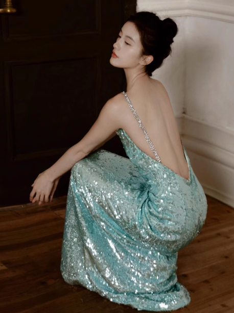Elegant Mint Green One Shoulder Memaid Sequins Long Prom Dresses Formal Evening Gowns with Open Back ED02854