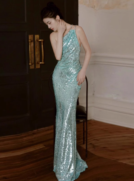 Elegant Mint Green One Shoulder Memaid Sequins Long Prom Dresses Formal Evening Gowns with Open Back ED02854