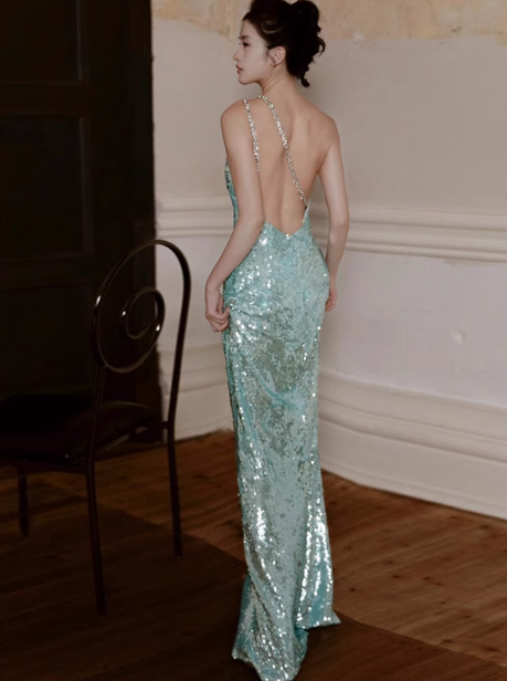 Elegant Mint Green One Shoulder Memaid Sequins Long Prom Dresses Formal Evening Gowns with Open Back ED02854