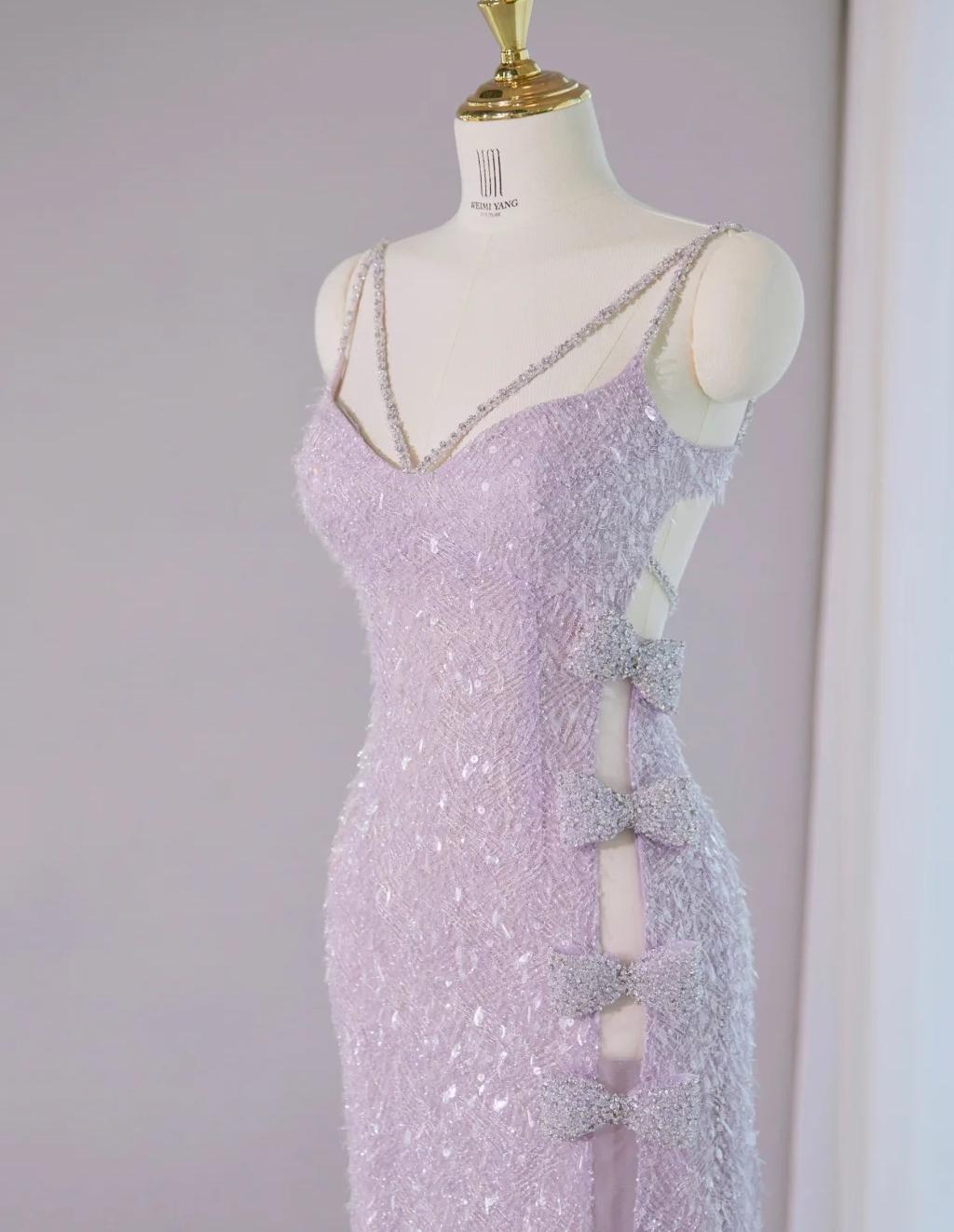 Stunning Light Purple V-neck Sheath Lace Beading Long Prom Dresses Formal Evening Gowns with Slits ED02860
