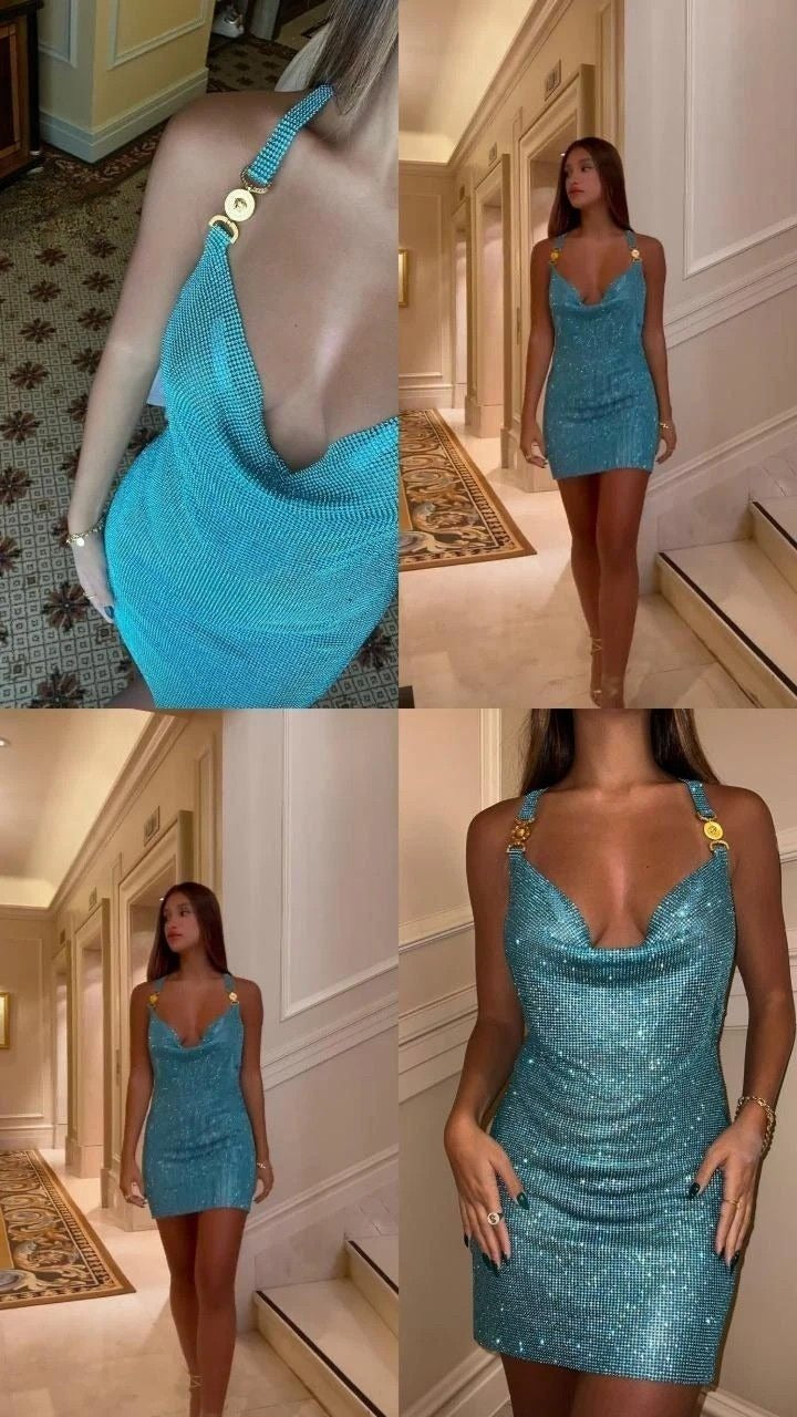 Elegant Turquoise Swing Collar Sheath Short Prom Dresses Fashion Homecoming Dresses ED02873
