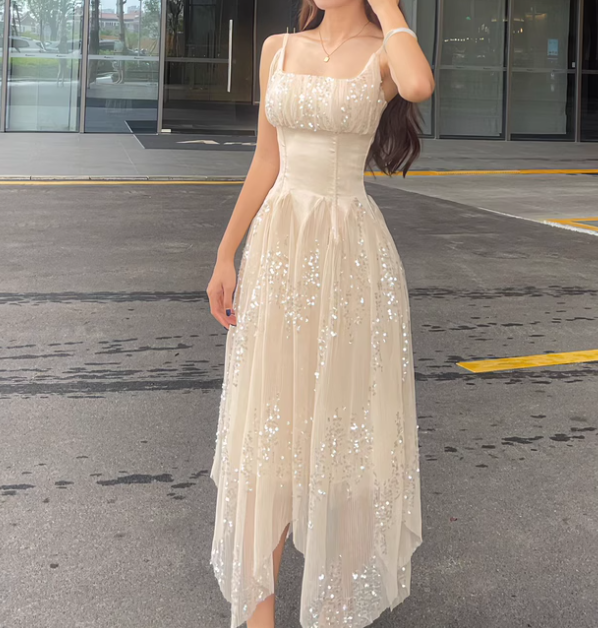 Gorgeous Apricot Square Neck A-Line Tulle Sequins Long Prom Dresses Birthday Evening Dress Gowns ED02879
