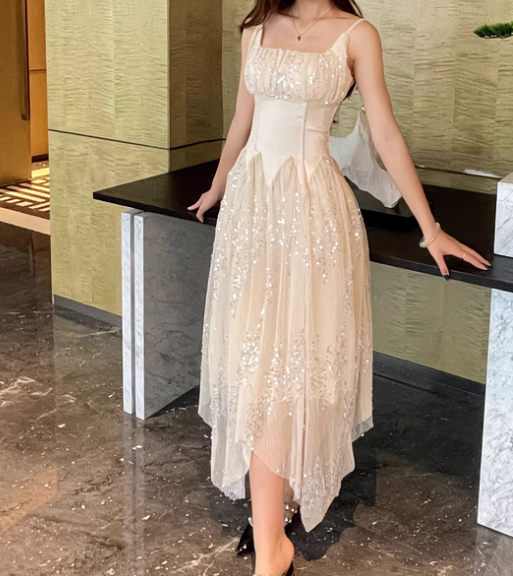 Gorgeous Apricot Square Neck A-Line Tulle Sequins Long Prom Dresses Birthday Evening Dress Gowns ED02879