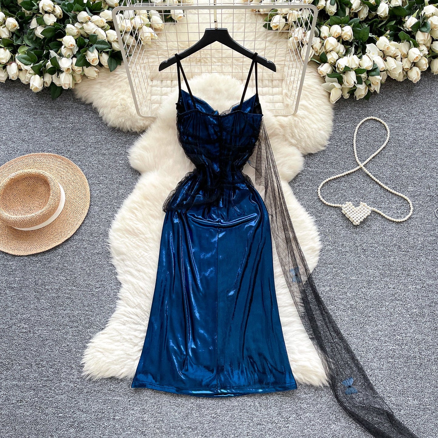 Fashion Navy Blue Spaghetti Straps Sheath Satin Short Party Dress for Birthday&Cocktail ED02902