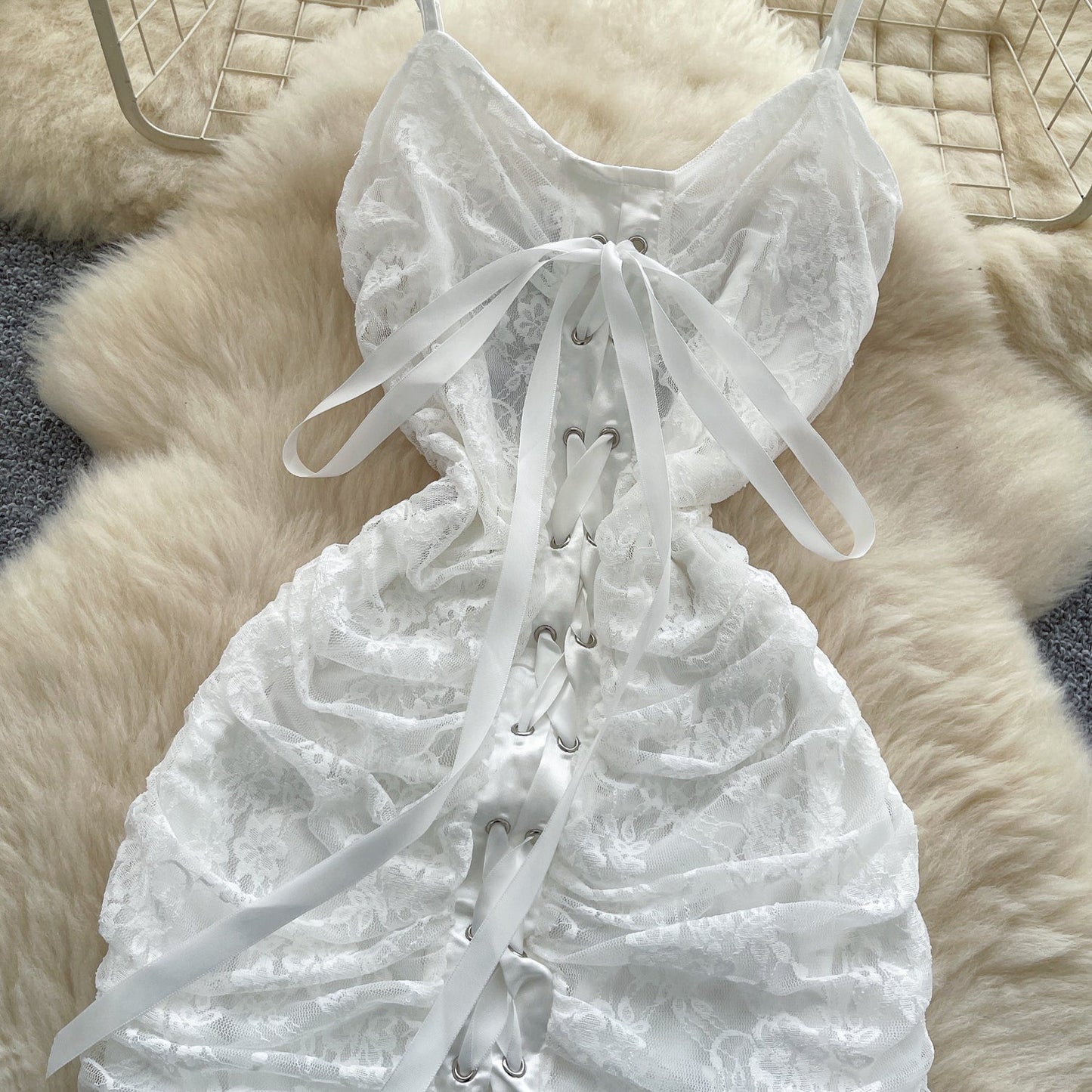 White Spaghetti Straps Bodycon Lace Short Party Dress Cocktail Dress ED02903