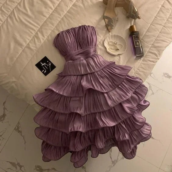 Elegant Purple Strapless A-Line Chiffon Short Party Dress Sweetheart Evening Gowns ED02911
