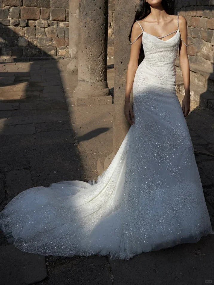 Elegant White Spaghetti Straps Mermaid Tulle Evening Gown Shiny Trailing Wedding Dress ED02937
