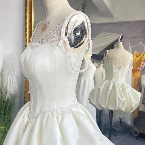 Classic White Square Neck A-Line Short Satin Birthday Evening Gowns Sweet Party Dress with Pearls ED02944